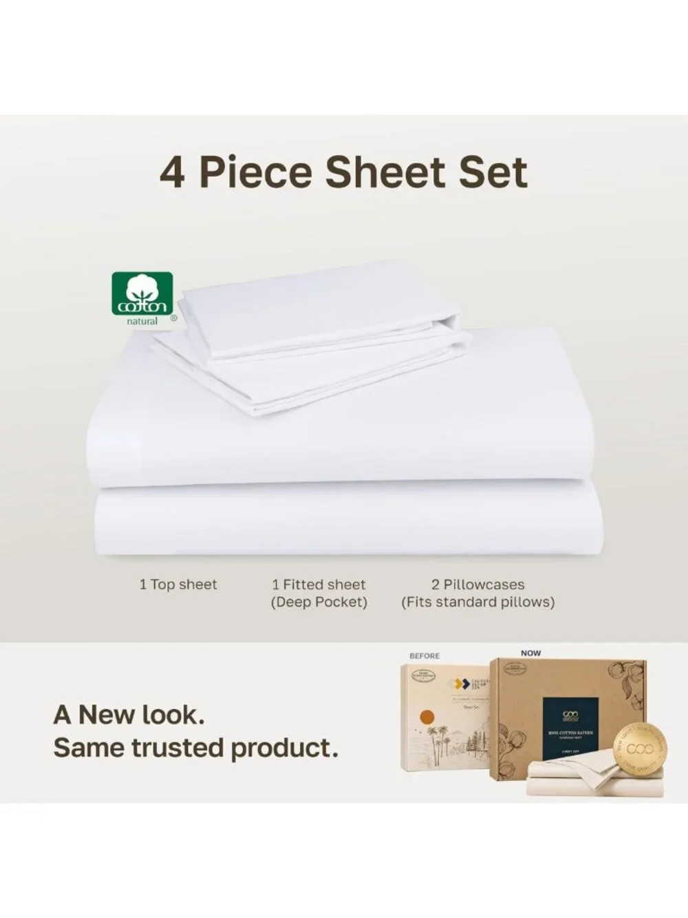 Soft 100% Cotton Sateen Full Size Sheet Set - 4 Piece Bright White Bedding